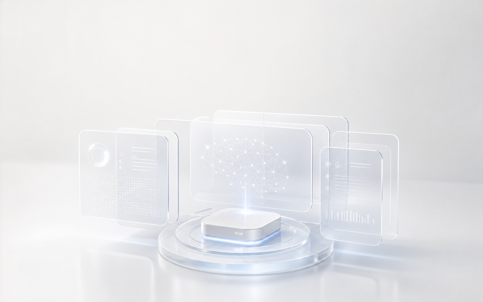 A clean translucent AI compute product with floating interface panels.
